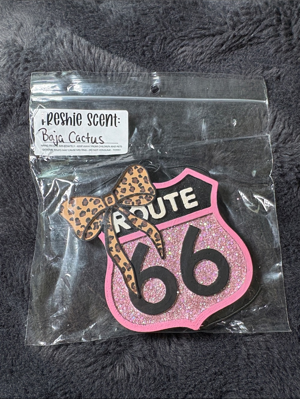 Route 66 Pink Glitter Car Air Freshener with Leopard Bow